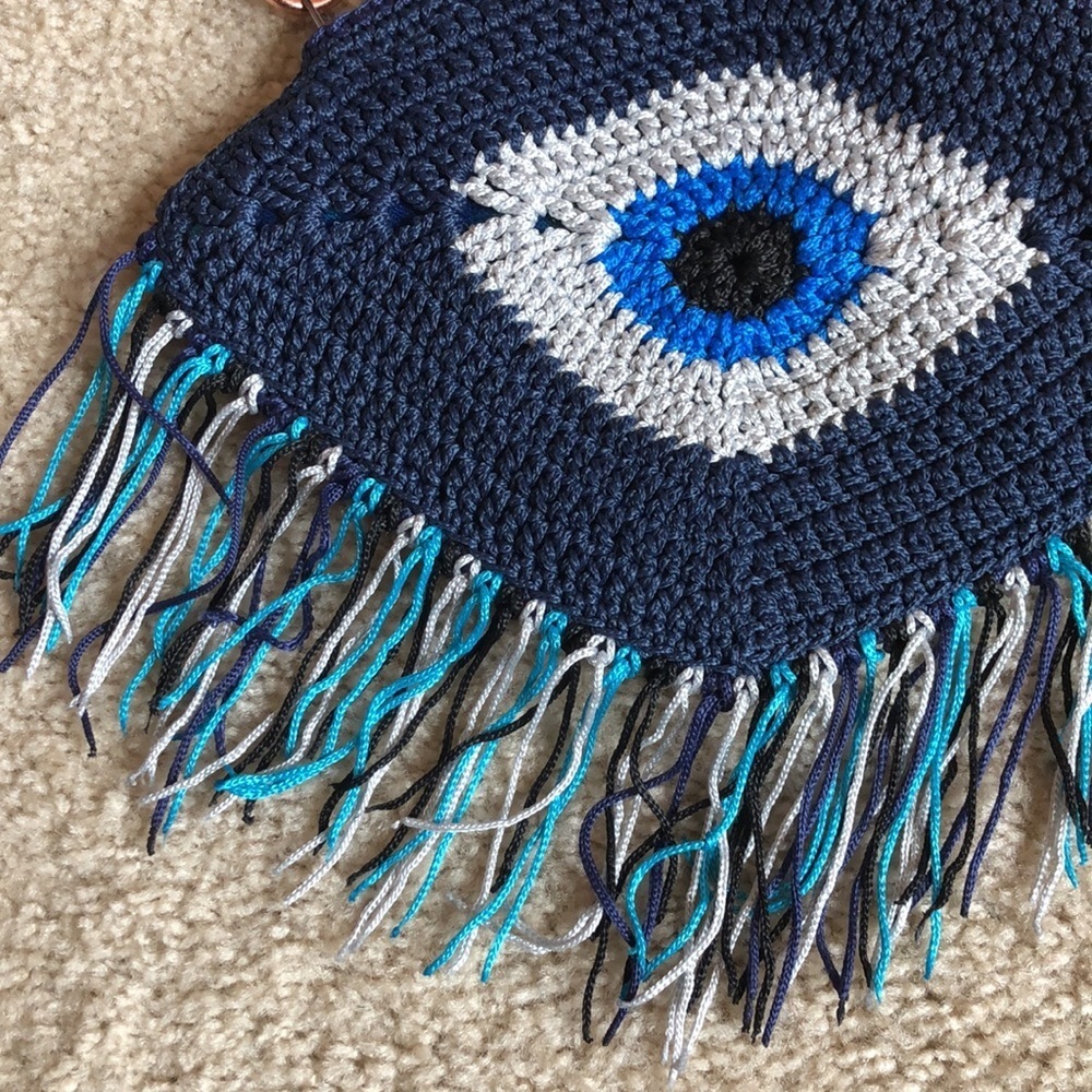 Evil eye knitted clutch blue white fringe bag handbag wristlet navy bag - Picture 2 of 7